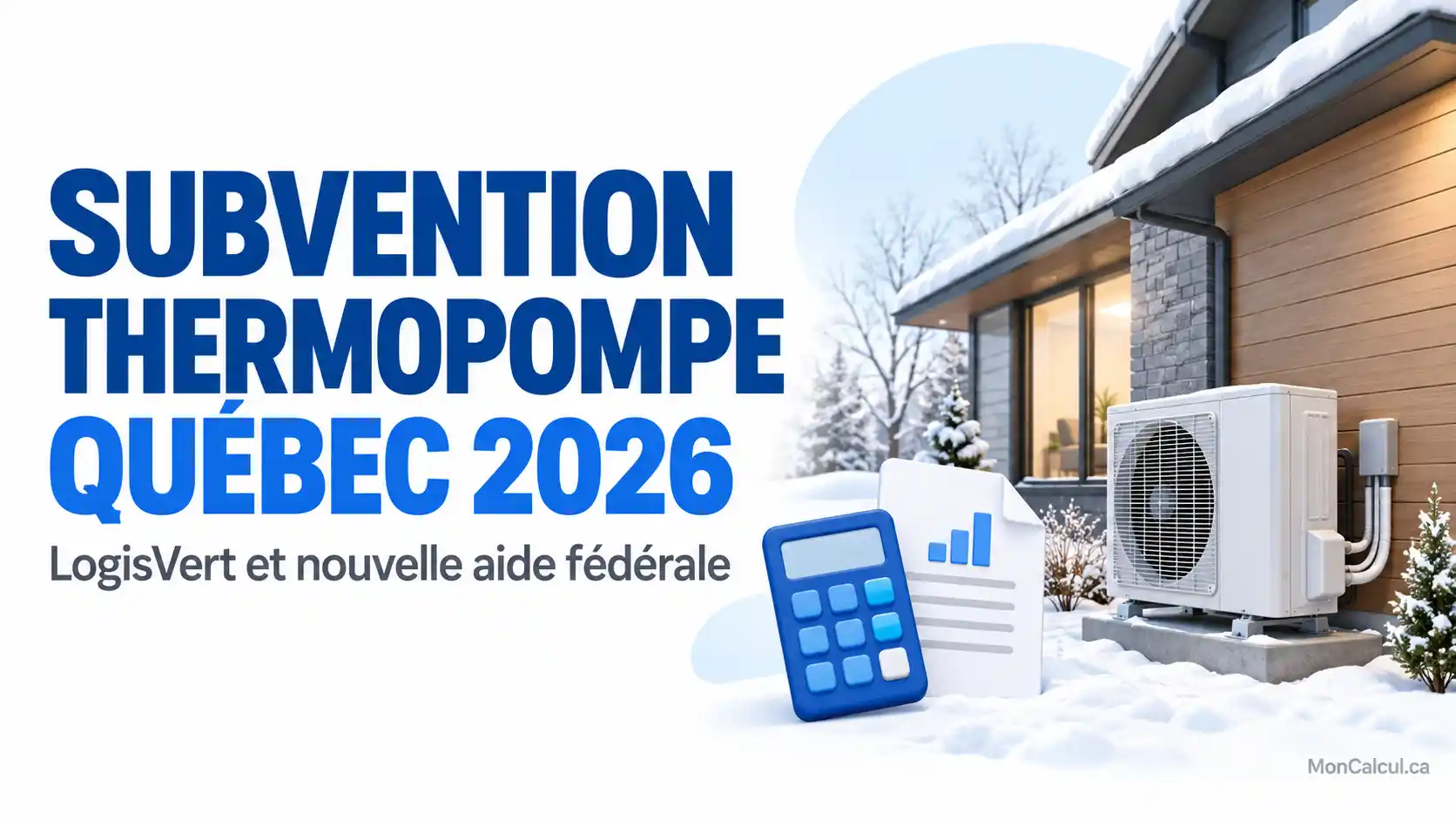 Subvention thermopompe Québec 2026 : LogisVert et fédéral Deux programmes d'aide à vérifier pour un projet de thermopompe au Québec. Maison québécoise équipée d'une thermopompe, avec le titre Subvention thermopompe Québec 2026.